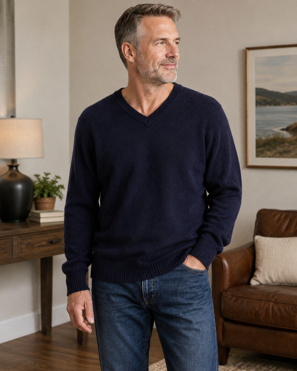 Heather & Tweed Men’s XL 100% Lambswool V Neck Sweater Navy Blue Fine Knit